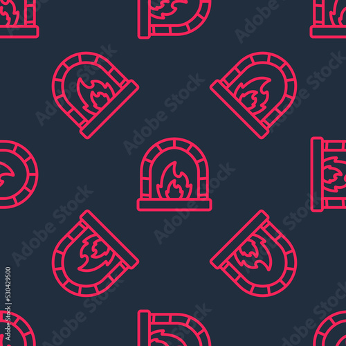 Red line Blacksmith oven icon isolated seamless pattern on black background. Vector