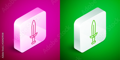 Isometric line Medieval sword icon isolated on pink and green background. Medieval weapon. Silver square button. Vector