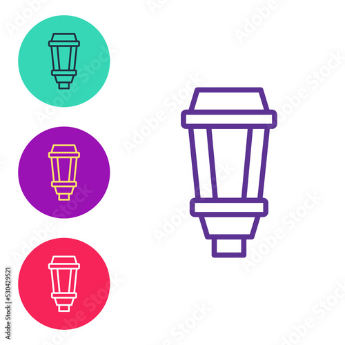 Set line Garden light lamp icon isolated on white background. Solar powered lamp. Lantern. Street lamp. Set icons colorful. Vector