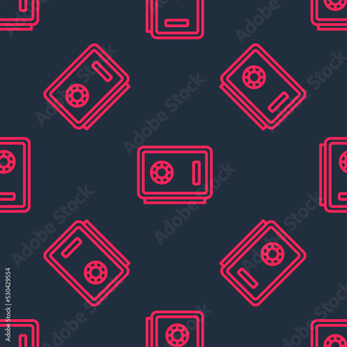Red line Safe icon isolated seamless pattern on black background. The door safe a bank vault with a combination lock. Reliable Data Protection. Vector
