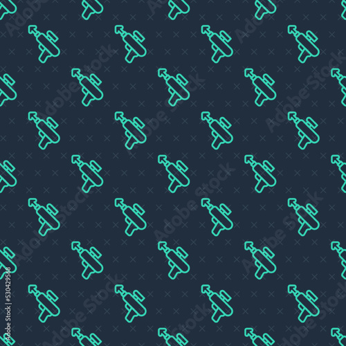 Green line Fishing harpoon icon isolated seamless pattern on blue background. Fishery manufacturers for catching fish under water. Diving underwater equipment. Vector