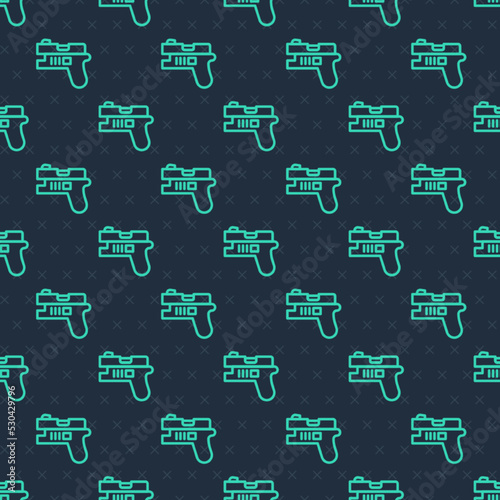Green line Futuristic space gun blaster icon isolated seamless pattern on blue background. Laser Handgun. Alien Weapon. Vector