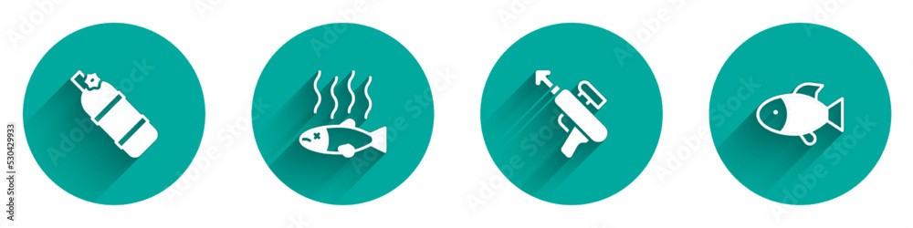 Set Aqualung, Dead fish, Fishing harpoon and icon with long shadow. Vector Set Aqualung, Dead fish, Fishing harpoon and icon with long shadow. Vector