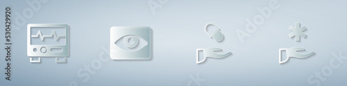 Set Monitor with cardiogram, Red eye effect, Medical prescription and Cross hospital medical. Paper art style. Vector