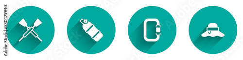 Set Crossed oars or paddles boat, Aqualung, Carabiner and Fisherman hat icon with long shadow. Vector