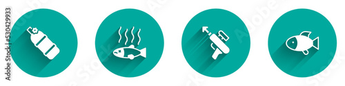 Set Aqualung, Dead fish, Fishing harpoon and icon with long shadow. Vector