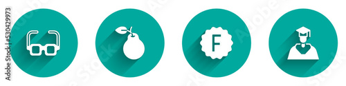 Set Glasses, Pear, Exam paper with incorrect answers and Graduate and graduation cap icon with long shadow. Vector