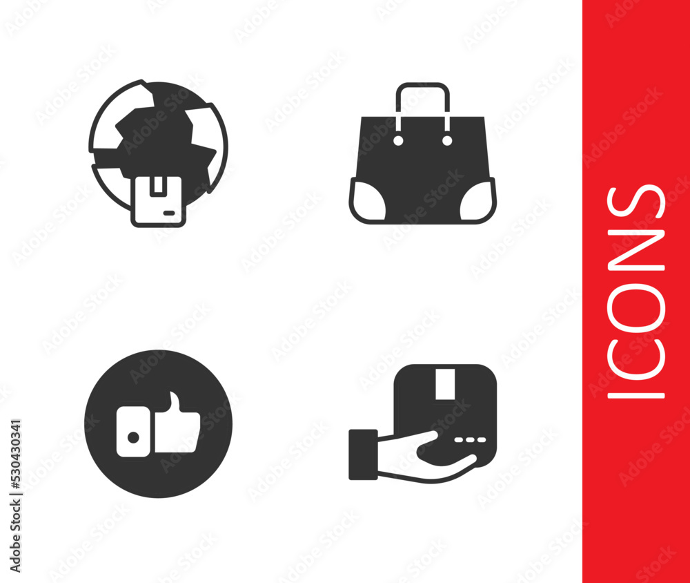 Set Delivery hand with box, Worldwide shipping, Hand like and Paper shopping bag icon. Vector Set Delivery hand with box, Worldwide shipping, Hand like and Paper shopping bag icon. Vector