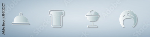 Set Covered with tray of food, Bread toast, Ice cream in the bowl and Fish steak. Paper art style. Vector