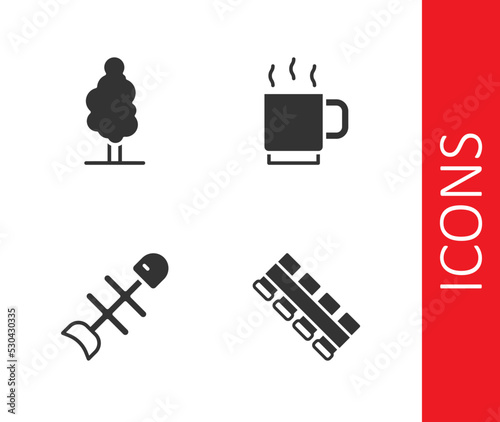 Set Hunting cartridge belt, Tree, Dead fish and Coffee cup icon. Vector