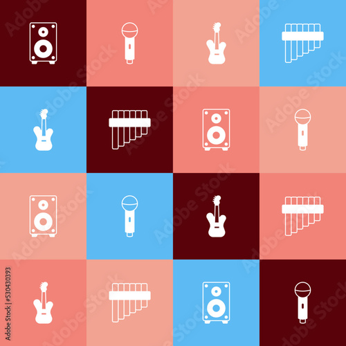 Set pop art Stereo speaker, Microphone, Electric bass guitar and Pan flute icon. Vector