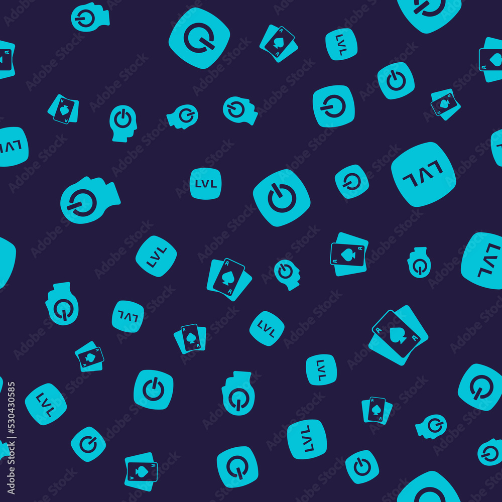 Set Power button, Level game, and Playing cards on seamless pattern. Vector Set Power button, Level game, and Playing cards on seamless pattern. Vector