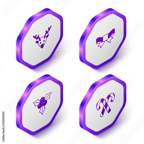 Set Isometric Reindeer, Gift bow, Branch viburnum and Candy cane with stripes icon. Purple hexagon button. Vector