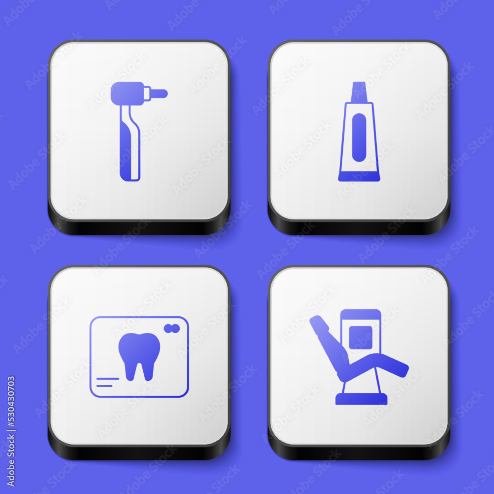 Set Tooth drill, Tube of toothpaste, X-ray and Medical dental chair icon. White square button. Vector Set Tooth drill, Tube of toothpaste, X-ray and Medical dental chair icon. White square button. Vector