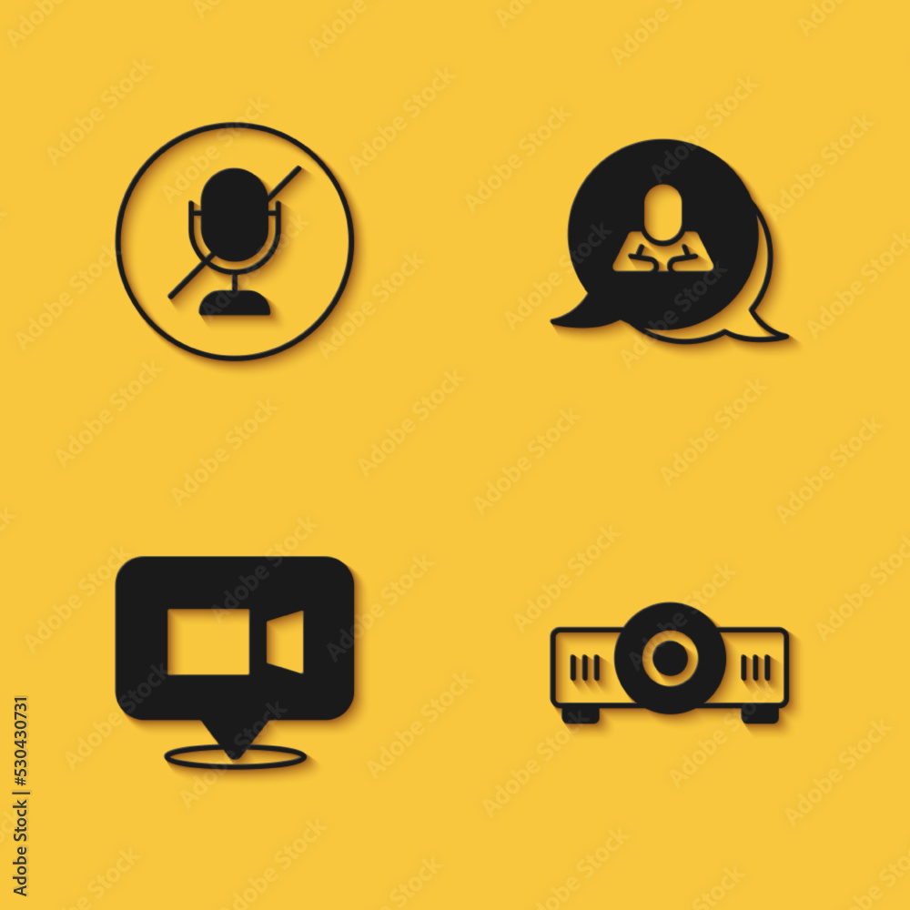 Set Mute microphone, Movie, film, media projector, Video chat conference and Speech bubble icon with long shadow. Vector Set Mute microphone, Movie, film, media projector, Video chat conference and Speech bubble icon with long shadow. Vector