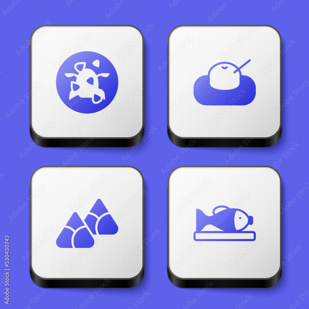 Set Kung Pao chicken, Mochi, Zongzi in bamboo steamer and Served fish plate icon. White square button. Vector Set Kung Pao chicken, Mochi, Zongzi in bamboo steamer and Served fish plate icon. White square button. Vector