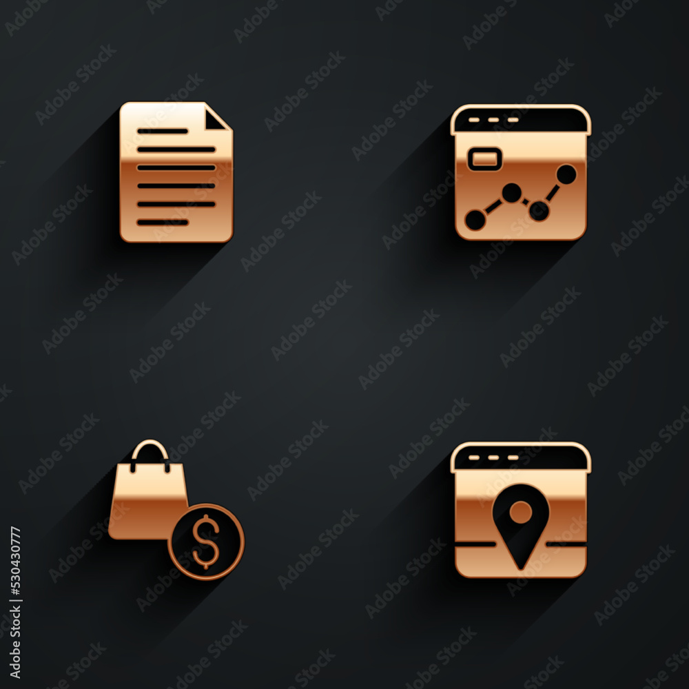 Set File document, Market analysis, shopping bag and dollar and Infographic of city map icon with long shadow. Vector