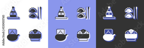 Set Chow mein on plate, Bottle of sake, Traditional tea ceremony and Dumpling with chopsticks icon. Vector