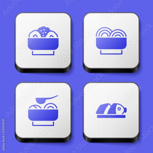 Set Chow mein on plate, Asian noodles bowl, Ramen soup and Fish with sliced pieces icon. White square button. Vector