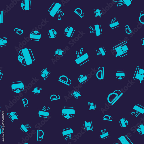 Set Chow mein on plate, Traditional tea ceremony, Asian noodles bowl and Sushi on seamless pattern. Vector