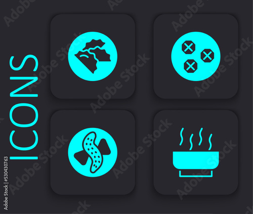 Set Ramen soup bowl, Dumpling, Wonton and Served cucumber plate icon. Black square button. Vector