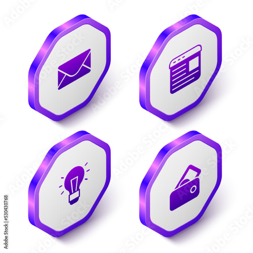 Set Isometric Mail and e-mail, Advertising, Light bulb and Wallet with money icon. Purple hexagon button. Vector