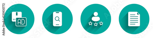 Set Advertising, Magnifying glass and mobile, Consumer product rating and File document icon with long shadow. Vector
