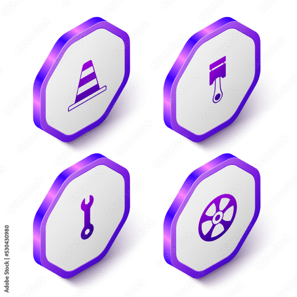 Set Isometric Traffic cone, Engine piston, Wrench spanner and Alloy wheel for car icon. Purple hexagon button. Vector Set Isometric Traffic cone, Engine piston, Wrench spanner and Alloy wheel for car icon. Purple hexagon button. Vector