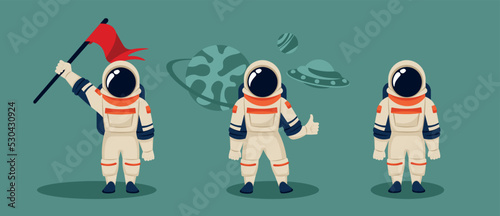 Set of astronauts in a spacesuit in cartoon style. Vector illustration of space travelers who stand, show class, wear a flag on blue background with planets and ufo.