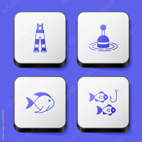 Set Fisherman pants, Fishing float in water, and hook with fish icon. White square button. Vector