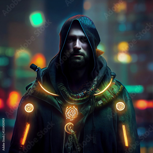 Urban druid in cyberpunk city photo