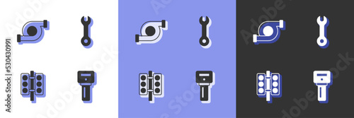 Set Car key with remote, Automotive turbocharger, Racing traffic light and Wrench spanner icon. Vector