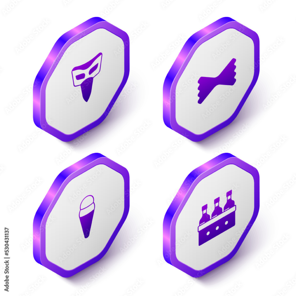 Set Isometric Carnival mask, Macaroni, Ice cream in waffle and Bottles of wine icon. Purple hexagon button. Vector Set Isometric Carnival mask, Macaroni, Ice cream in waffle and Bottles of wine icon. Purple hexagon button. Vector