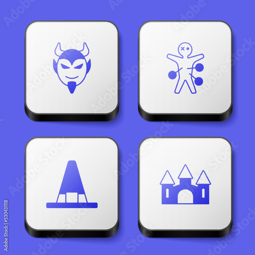 Set Devil head, Voodoo doll, Witch hat and Castle icon. White square button. Vector