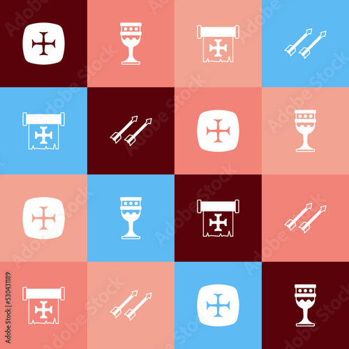 Set pop art Crusade, Medieval goblet, and arrows icon. Vector