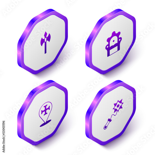 Set Isometric Medieval axe, throne, Crusade and Mace with spikes icon. Purple hexagon button. Vector