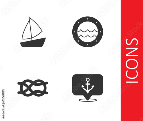 Set Anchor, Yacht sailboat, Nautical rope knots and Ship porthole icon. Vector