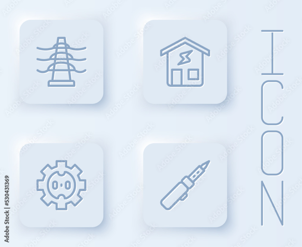 Set line Electric tower line, Smart home, Electrical outlet and Soldering iron. White square button. Vector Set line Electric tower line, Smart home, Electrical outlet and Soldering iron. White square button. Vector
