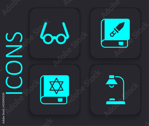 Set Table lamp, Glasses, Book about weapon and Jewish torah book icon. Black square button. Vector
