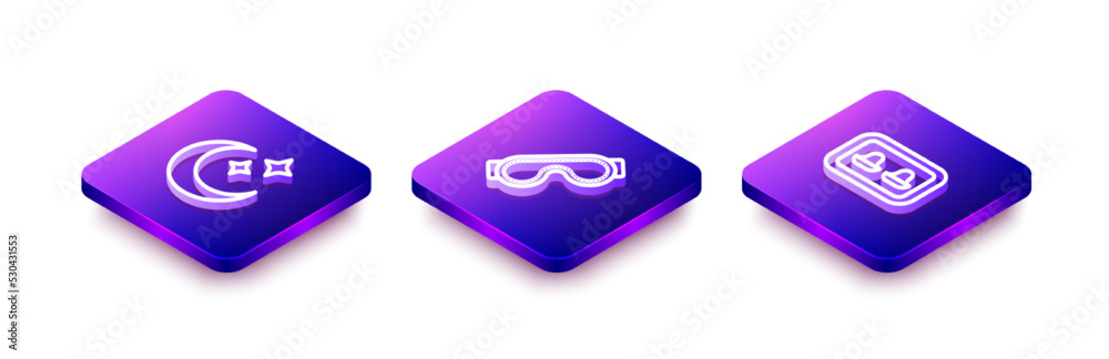 Set Isometric line Moon and stars, Eye sleep mask and Earplugs with storage box icon. Vector Set Isometric line Moon and stars, Eye sleep mask and Earplugs with storage box icon. Vector