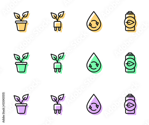 Set line Recycle clean aqua, Plant in pot, Electric saving plug leaf and Eco nature battery icon. Vector