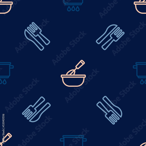 Set line Cooking pot on fire  Crossed knife and fork and whisk with bowl on seamless pattern. Vector