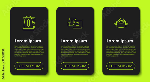 Set line Electric kettle, Kitchen meat grinder and Cooking pot. Business infographic template. Vector