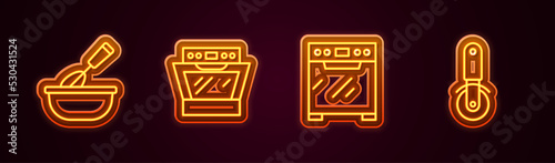 Set line Cooking whisk with bowl, Oven, and Pizza knife. Glowing neon icon. Vector
