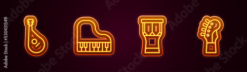 Set line Bandura, Grand piano, African percussion drum and Guitar neck. Glowing neon icon. Vector