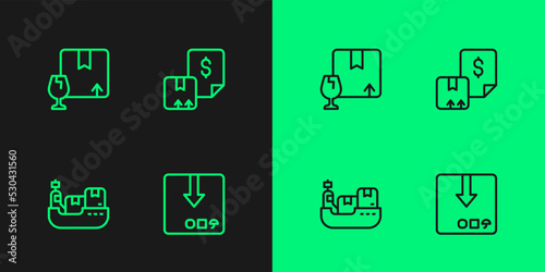 Set line Carton cardboard box, Cargo ship with boxes delivery, Package fragile content and Waybill icon. Vector
