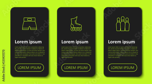 Set line Boxing short, Roller skate and Bowling pin. Business infographic template. Vector