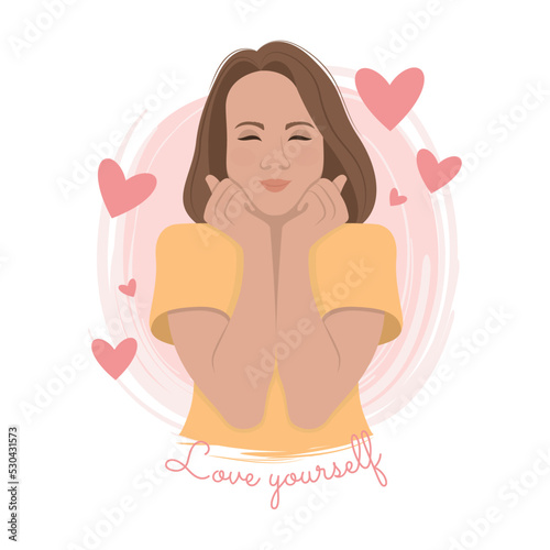 Cute girl hugging herself with hearts around Self love Vector