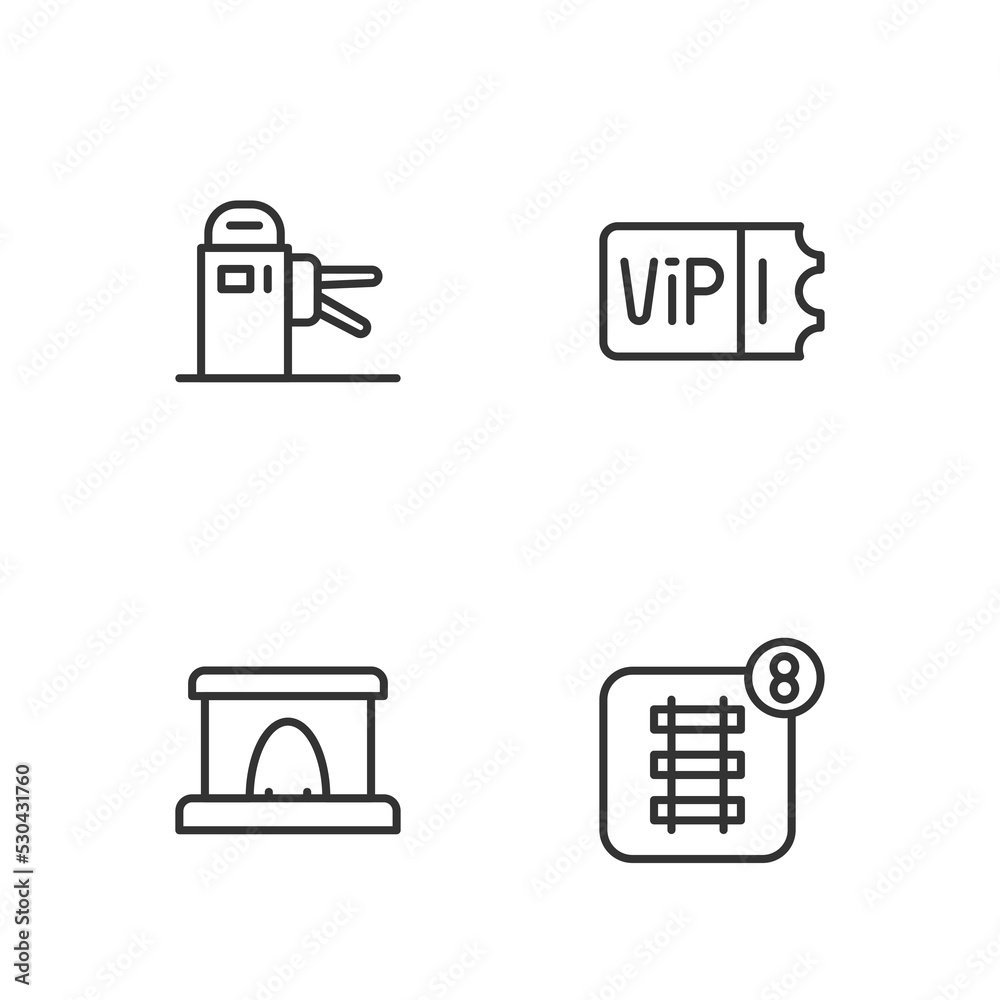 Set line Online ticket booking, Railway tunnel, Turnstile and Train icon. Vector
