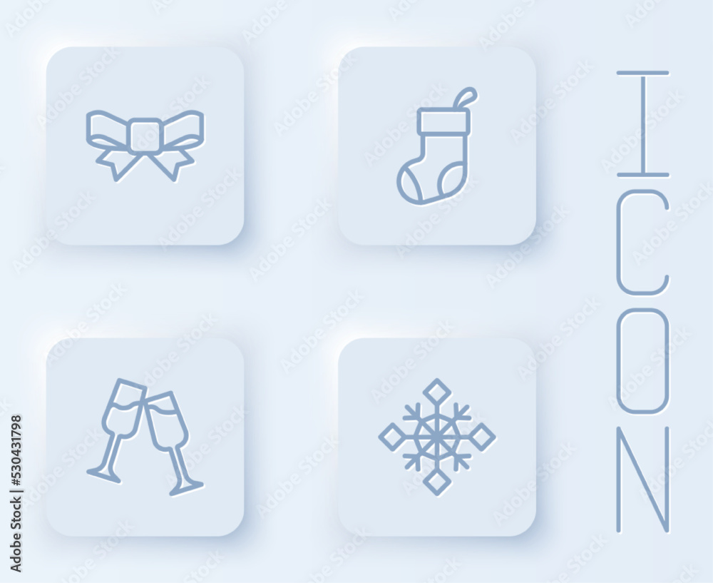 Set line Gift bow, Christmas stocking, Glass of champagne and Snowflake. White square button. Vector